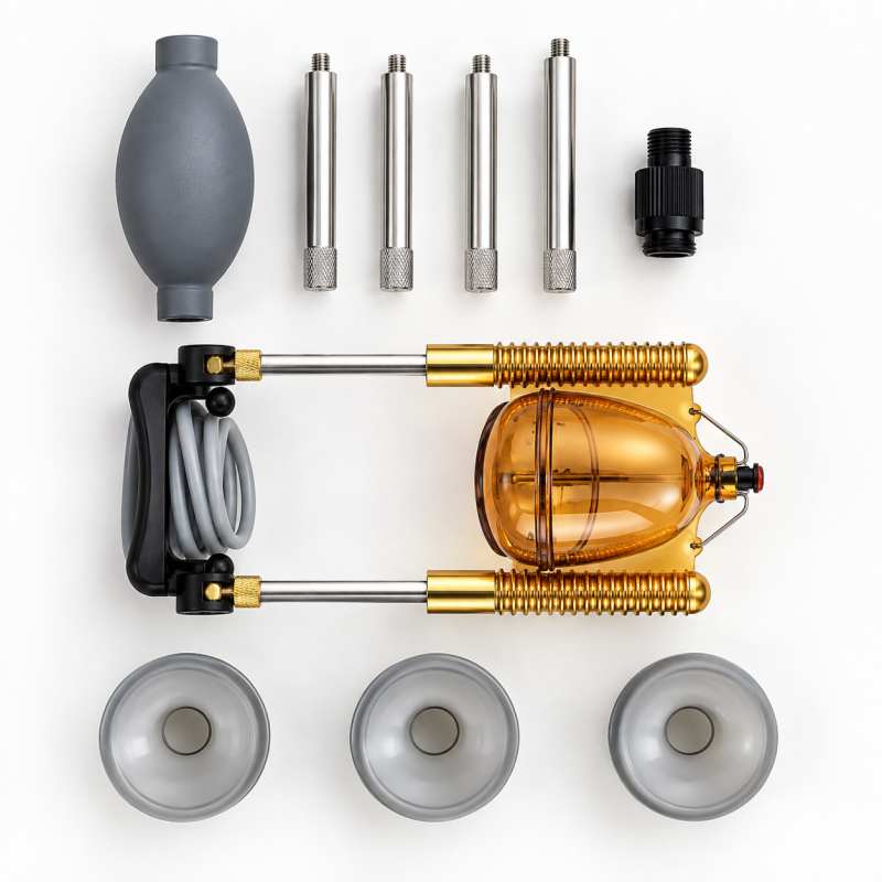 SizeDoctor traction device components including amber chamber, extension rods, vacuum bulb, tubing, and support rings
