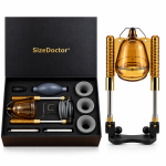 SizeDoctor penis extender kit with amber chamber, extension rods, vacuum bulb, tubing, and support rings