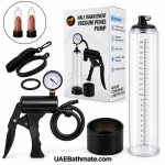 Vacuum penis pump kit with pressure gauge, transparent cylinder, accessories, and storage case
