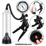 Vacuum penis pump with pressure gauge, transparent cylinder, and manual pistol grip