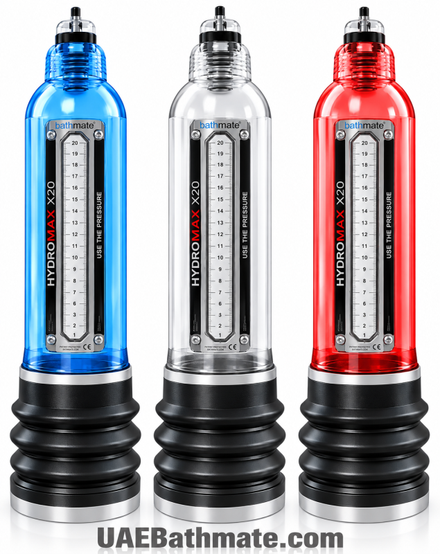 Bathmate HydroMax X20 vacuum pumps in blue clear and red