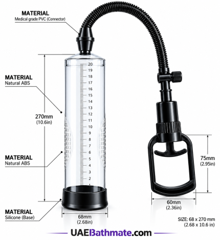 Manual vacuum pump with transparent cylinder and size specifications